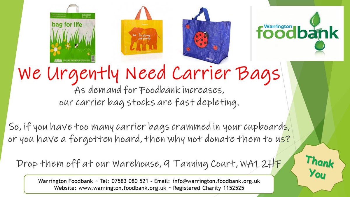 We urgently need carrier bags...  If you have any spare, please drop them off at our Warehouse - 9 Tanning Court, Warrington, WA1 2HF.

#carrierbags #bags #donations #foodbank #charity #warrington #cheshire #donate #help #community
