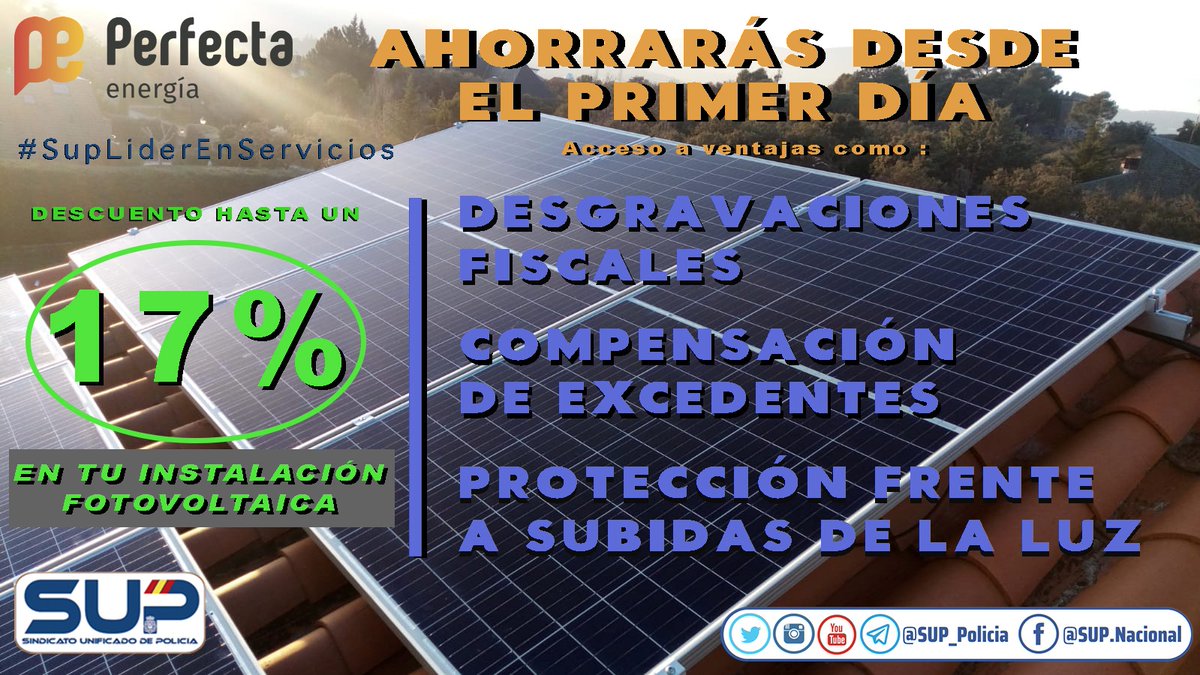 Sup_Policia's tweet photo. Gracias al acuerdo de @Sup_Policia con @EnergiaPerfecta benefíciate de 
Hasta un 17% de #descuento en la instalación #fotovoltaica
#SupLiderEnServicios te inicia en el mundo de las #energiasrenovables porque #elcambioestaenti
Entra y accede a las ofertas⤵️
https://t.co/Cgg6tudO43 https://t.co/zc7rbUOHW9