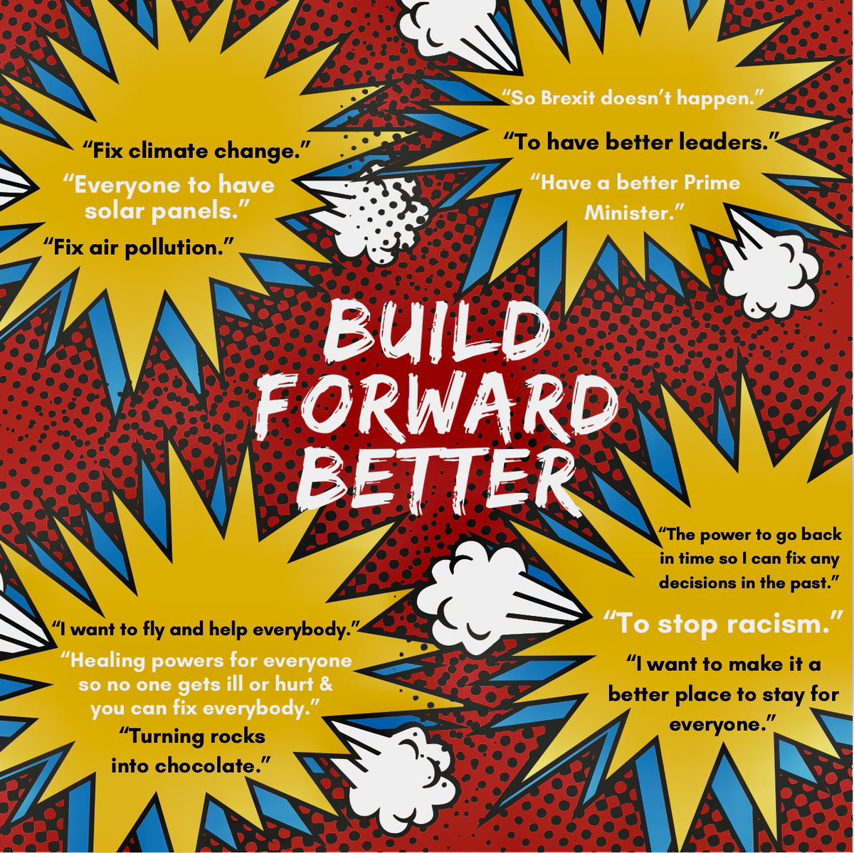 Some rights based solutions from our Superheroes to Humans  #BuildForwardBetter “Stop racism.” “Fix climate change.” “To have better leaders.”  #SocialJustice  #Compassion  #HumanRights  #Antiracism  #BlackLivesMatter  