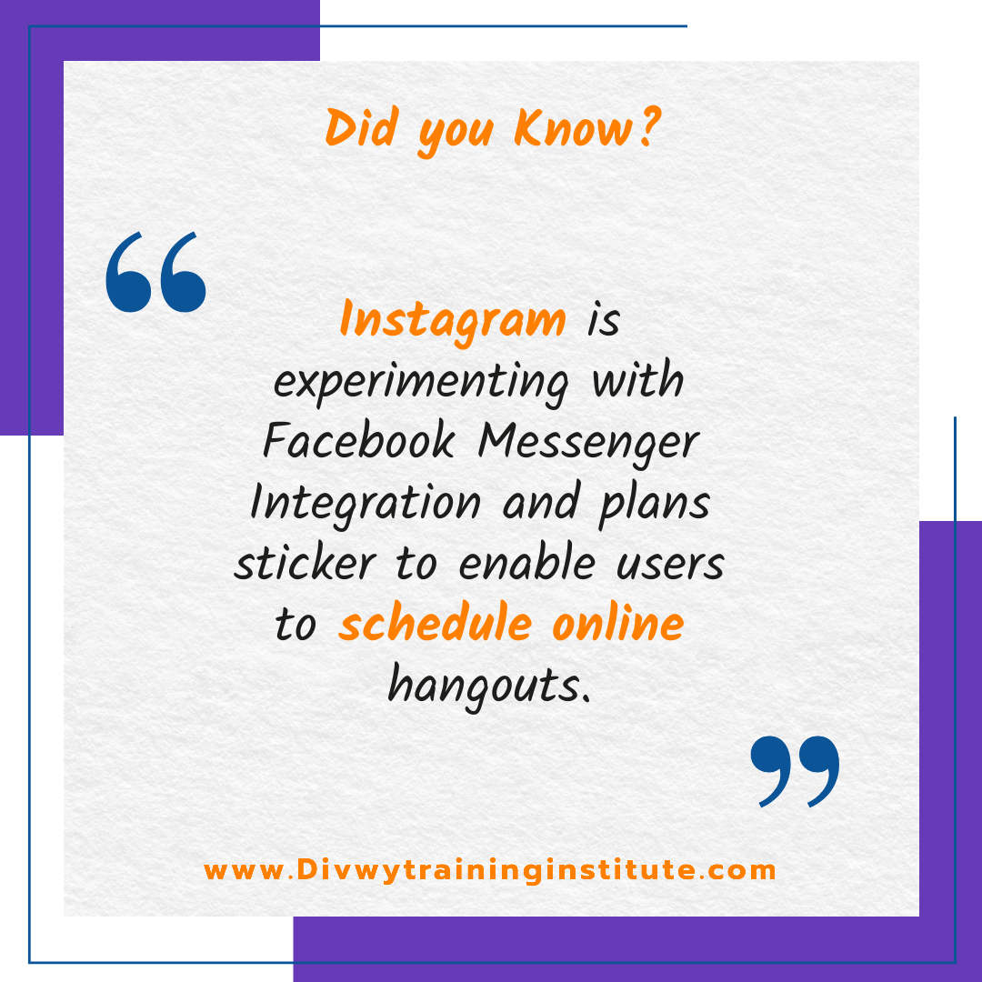 DivwyDMTraining's tweet photo. Did you Know?

Instagram is experimenting with #FacebookMessenger Integration and plans #sticker to enable users to #schedule #onlinehangouts.

#DDMIT #DidyouKnow #NewthingInDigital #instagram #instagramExperimenting #MarketingTips #digitalMarketing #SEO #SocialMediaMarketing https://t.co/aJ6Rozi1O4