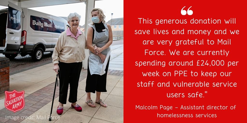 salvationarmyuk's tweet photo. We’re delighted to work with @DailyMailUK &amp; partners charity #MailForce to deliver vital PPE supplies to our services, @Age_UK, @LeonardCheshire &amp; @TurningPointUK. The masks &amp; aprons worth £230,000 were paid for by the charity thanks to donations from generous readers! Thank you! https://t.co/Ql6kehcIXo