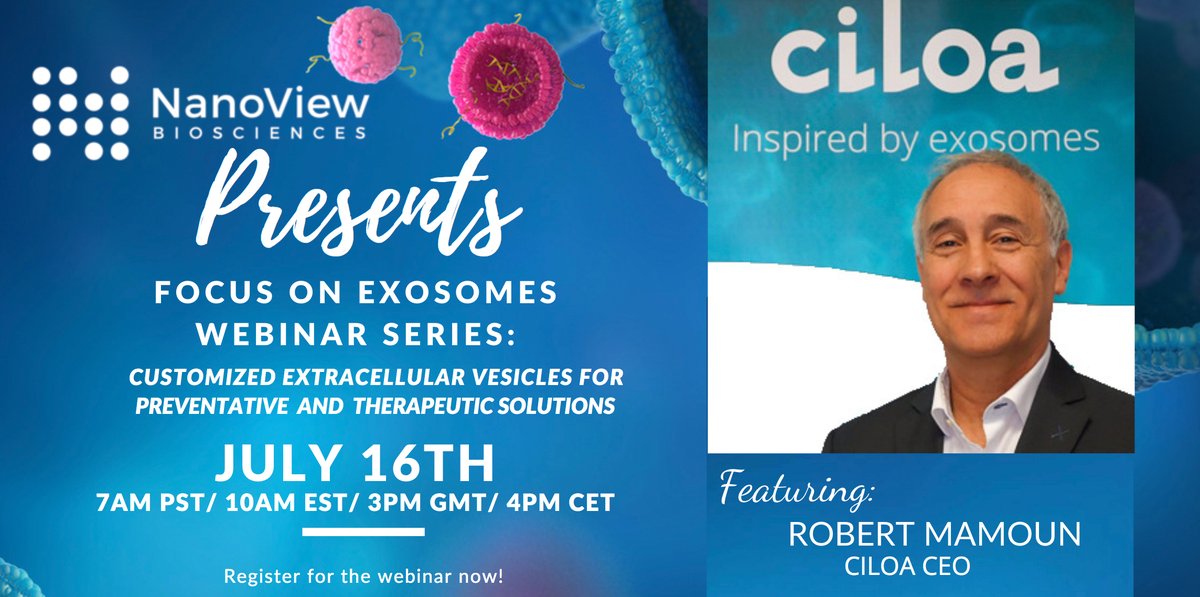 After a great webinar by Dr Randy Carney, NanoView is hosting our second installment of our 'Focus on Exosomes' webinar series with Dr Mamoun from Ciloa. Register here nanoviewbio.com/nanoview-exoso… #exosome #extracellularvesicles