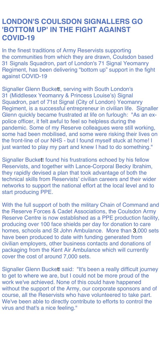 71signalregt's tweet photo. On #ReservesDay we would like to say thank you to Signaller Buckett, he used the technical skills from his civilian career to support the national effort as he soon became the driving force in setting up an innovative PPE production site out of Coulsdon ARC @NHSEnglandLDN @GLRFCA https://t.co/vvTHtWFXFX