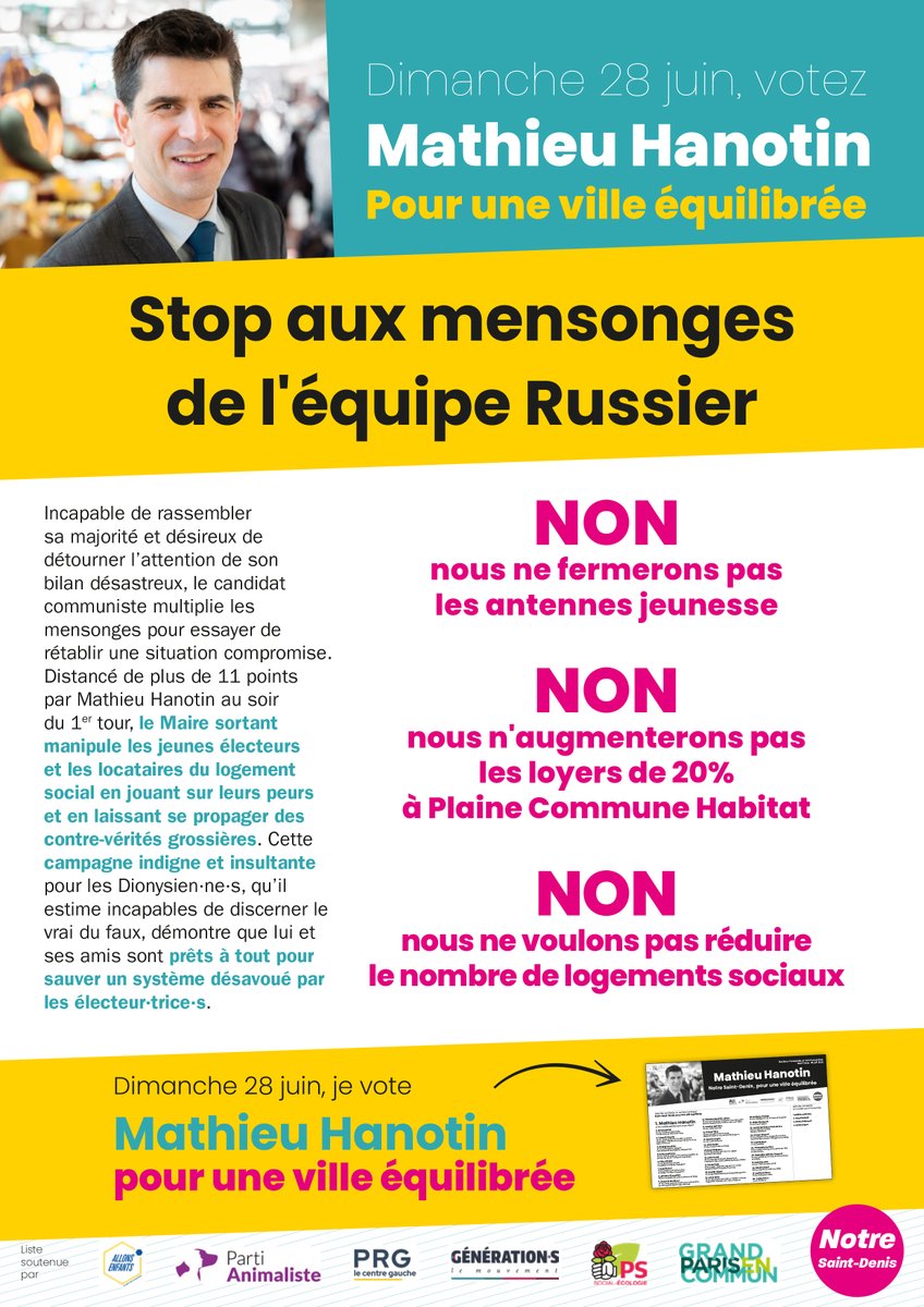 NotreSaintDenis's tweet photo. [STOP AUX MENSONGES DE L'ÉQUIPE RUSSIER]

Sur ces sujets essentiels pour l'avenir de notre ville, le logement et la jeunesse, rétablissons la vérité sur le projet de #VilleEquilibrée que nous portons avec @MathieuHanotin.  

 #Hanotin2020 #Municipales2020 #VilleEquilibrée https://t.co/zbCzbvxNek