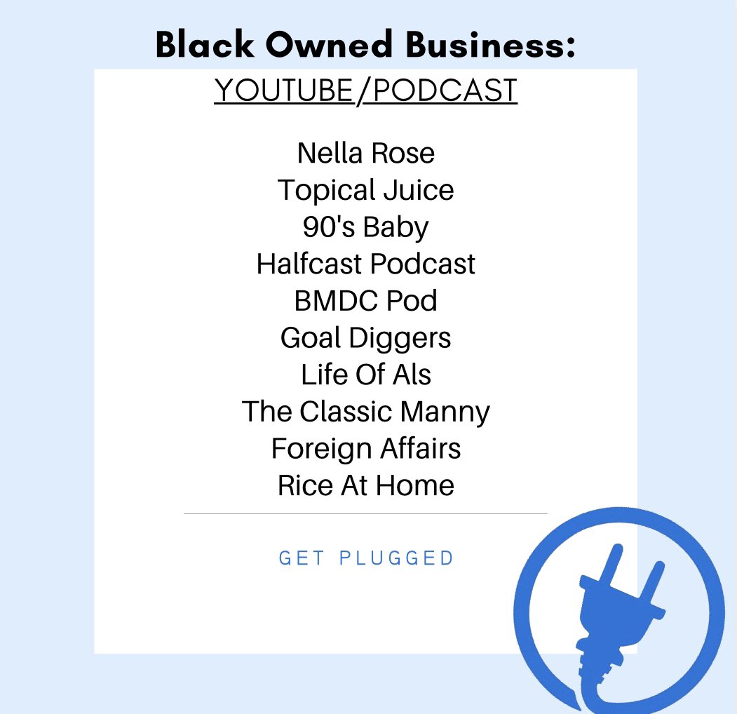 GPlugged's tweet photo. Black Owned Business: YOUTUBE/PODCAST 

Tag your favourite YouTube/Podcast content creators for others to support and check out https://t.co/wC0CnHMU7O