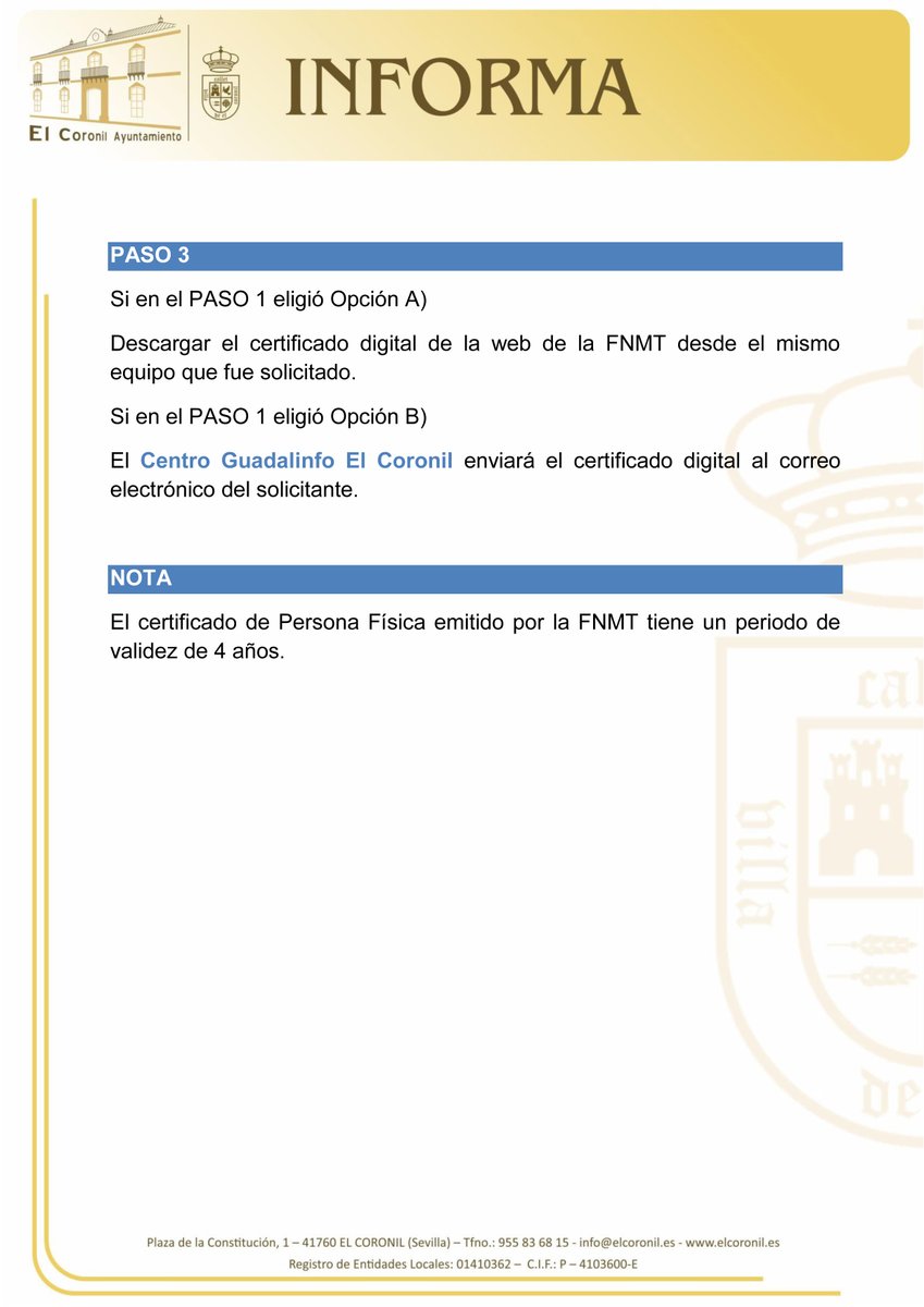 #ElCoronil Indicaciones para la obtención del certificado digital de persona física.