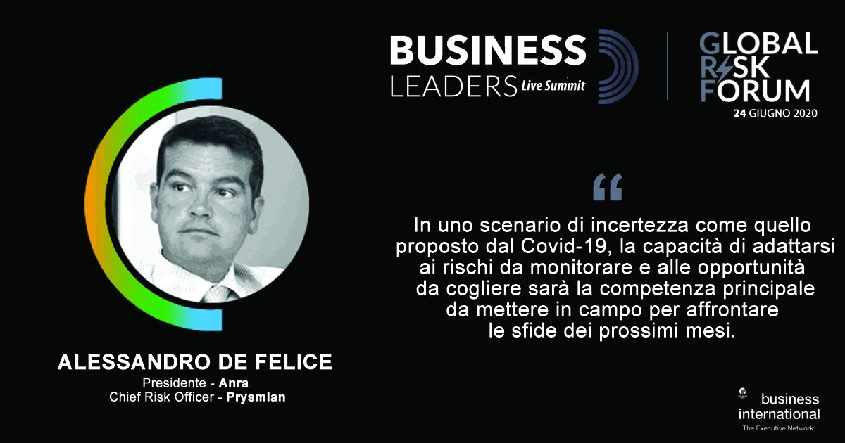 "La dinamicità, principale #skill per il #forecasting dei #RiskManager". Al #GRF 2020, Alessandro De Felice, (<a href="/PrysmianGroup/">Prysmian</a>/ @AnraRisk) evidenzia l'evoluzione della gestione del #rischio nel post #Covid19. lnkd.in/d_YDvUZ

businessleaders.1rnd.com/globalriskforu…
