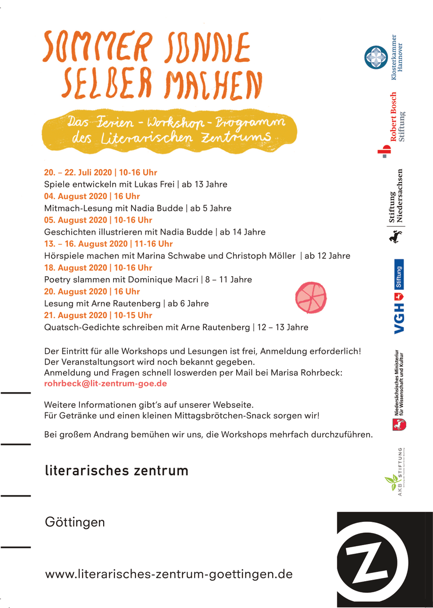 Endlich ist es eingetütet und bereit für die Welt: »Sommer Sonne Selber machen« – unser Ferien-Workshop-Programm für Kinder und Jugendliche! Vertreibt garantiert den Urlaub-ohne-Wegfahren-Blues.
#creativekids #kreativekinder #LitZentrumGoe #sommerworkshop #TheSummerIsCrazy