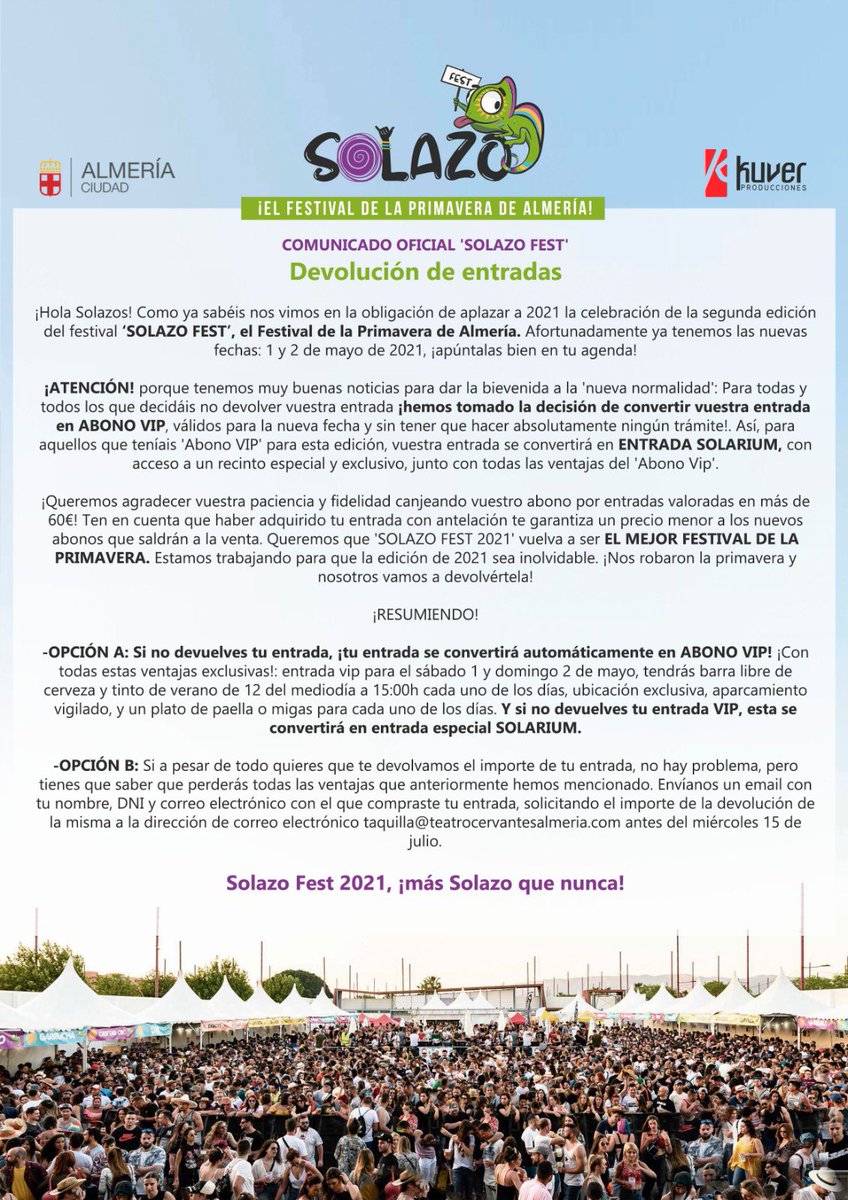 ¡Hola SOLAZOS! ¡Cómo os hemos echado de menos! ☀️ Primero de todo queremos daros las gracias por vuestra paciencia y comprensión 💜

Hemos luchado mucho, no solo para que Solazo Fest 2021 sea el mejor Festival de la Primavera, sino para que sea el doble de inolvidable 💪