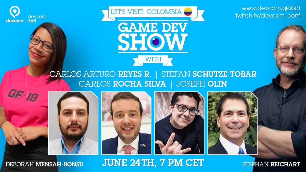 Next stop: 🇨🇴! Join tonight's GameDev Show at twitch.tv/devcom_conf at 7 pm CET with our hosts <a href="/DebMensahBonsu/">Deborah Mensah-Bonsu</a> &amp; <a href="/DerReichart/">DerReichart</a> and experts from the colombian games industry!

#gamescom #devcom #DEVCommunity #gamedev #twitchtv