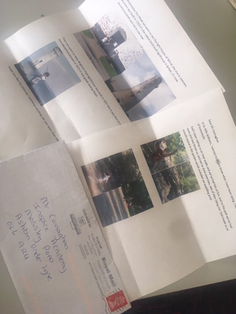 Mr_Connaghan's tweet photo. What a wonderful surprise! A letter through the post from one of my class letting me know what he's been up to over the past few weeks. It really lifted my spirits @Linda27will    I normally only get bills from the postie! @Inspire_Ashton #missingthesquad #outdoorfun https://t.co/yNAEfIxFb5
