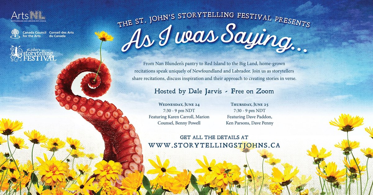 BizArtsNL's tweet photo. Join the St. John's Storytelling Festival (@story_stjohns) on Zoom tonight (24th) &amp; tomorrow for 2 awesome nights of home-grown recitations with storytellers from NL. Hosted by 
@DaleJarvis, it's bound to be a time! #nlarts #storytelling
https://t.co/1wW00yC84R https://t.co/cYbZmuaPtF