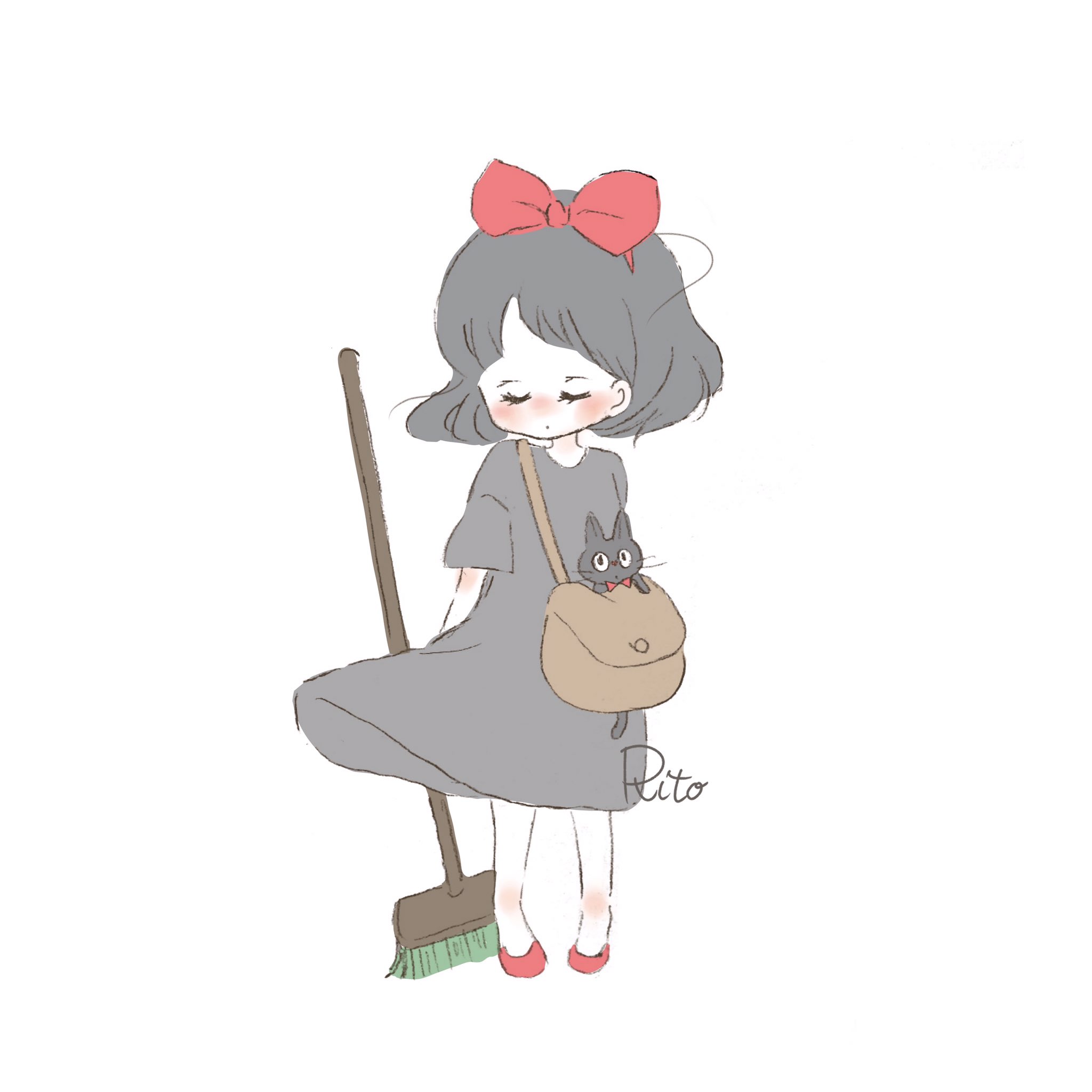 りと Literone2222 キキとジジとデッキブラシ 魔女の宅急便 魔女宅 キキ ジジ ジブリ ジブリ イラスト 宮崎駿 女の子イラスト カップルイラスト 夫婦イラスト ゆるイラスト ゆるいイラスト カップル コーデイラスト イラスト好きな人と
