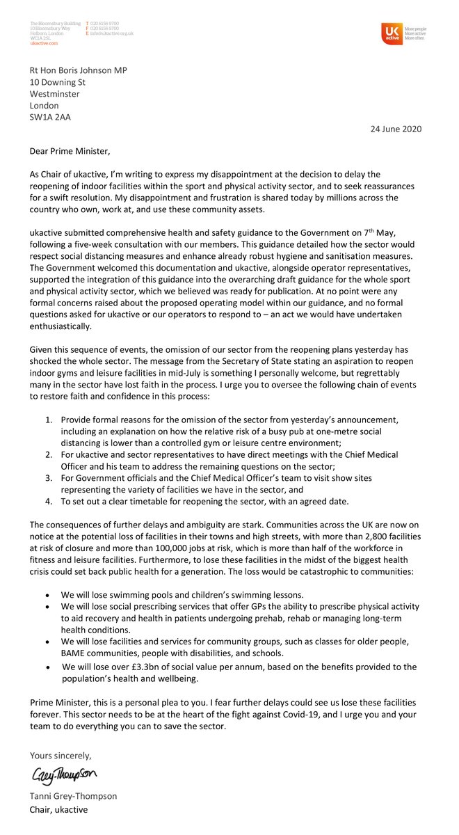 Chair of ukactive, <a href="/Tanni_GT/">Tanni Grey-Thompson</a>, has written to <a href="/BorisJohnson/">Boris Johnson</a> seeking clarity on the decision to delay the reopening of gyms and leisure facilities, outlining the threats to community health during the COVID-19 crisis and calling for a clear timetable.