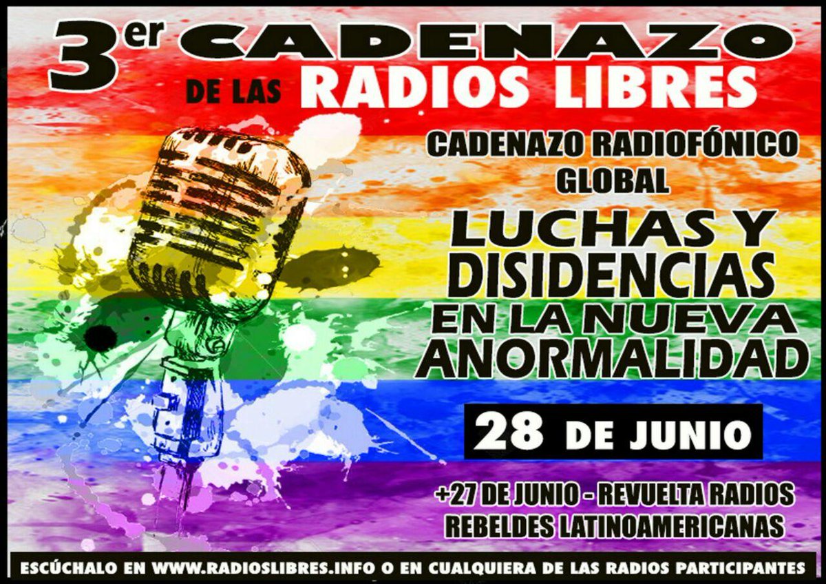 radioalmaina's tweet photo. Este finde #RevueltaRadiofónicaGlobal
27 de junio,desde latinoamérica, Revuelta Radial por el #ApoyoMutuo, y el 28 de junio 3er Cadenazo de las #RadiosLibres +30 horas de #RadiosContraSistema y #CadenazoDisidencias 

En #Granada escúchalo en el 88.5FM o en @radioalmaina https://t.co/D5J8AUF17u