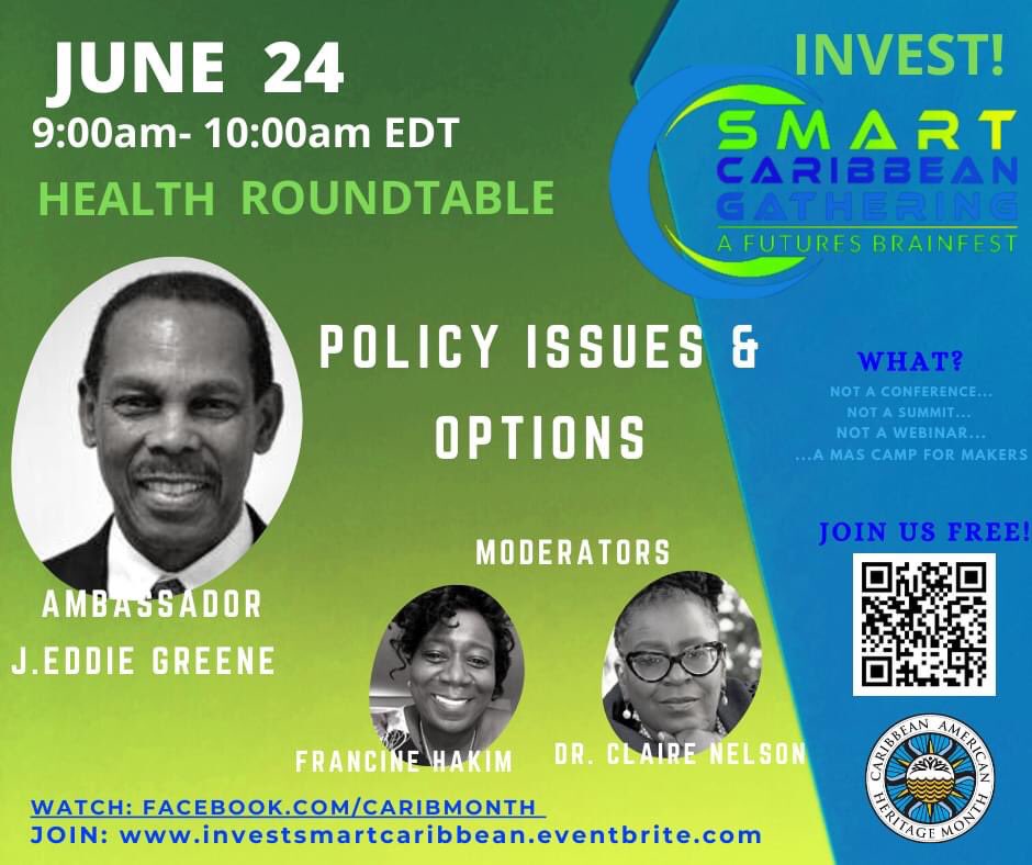 Today we kick-off with our Health Roundtable.
The results of the sessions this week will guide the 2030 Diaspora Advocacy Agenda.

Become apart of the Discussion. 
#celebratejune #NCAHM #caribbeanamericanheritagemonth  #SMARTCaribbean