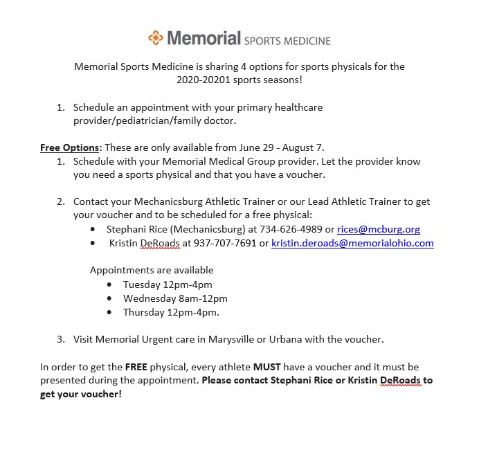 🚨Update regarding sports physicals for Mechanicsburg athletes! 🚨
Please contact me with questions and to get scheduled! #GoBurg #physicals