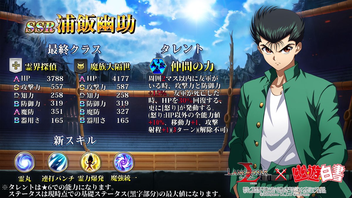 公式 ラングリッサー モバイル 本日は霊界探偵として活躍し 魔族の力を覚醒させた主人公 浦飯幽助のランモバでの能力紹介です 最終クラスは 僧侶属性 の霊界探偵と 魔族属性 の魔族大隔世へとクラスチェンジ可能になります 画像はレベル70 全 公式 ラングリッサー モバイル 本日は霊界探偵として活躍し 魔族の力を覚醒させた主人公 浦飯幽助のランモバでの能力紹介です 最終クラスは 僧侶属性 の霊界探偵と 魔族属性 の魔族大隔世へとクラスチェンジ可能になります 画像はレベル70 全