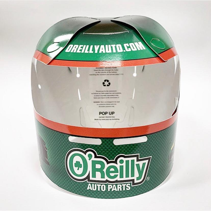Pop_upmarketing's tweet photo. A throwback to the O'Reilly Auto Parts helmet we created for their NASCAR sponsorship #paperhelmet #nascar #oreillyautoparts #plasticfree @oreillyauto @NASCAR https://t.co/wsNNXUsu2g