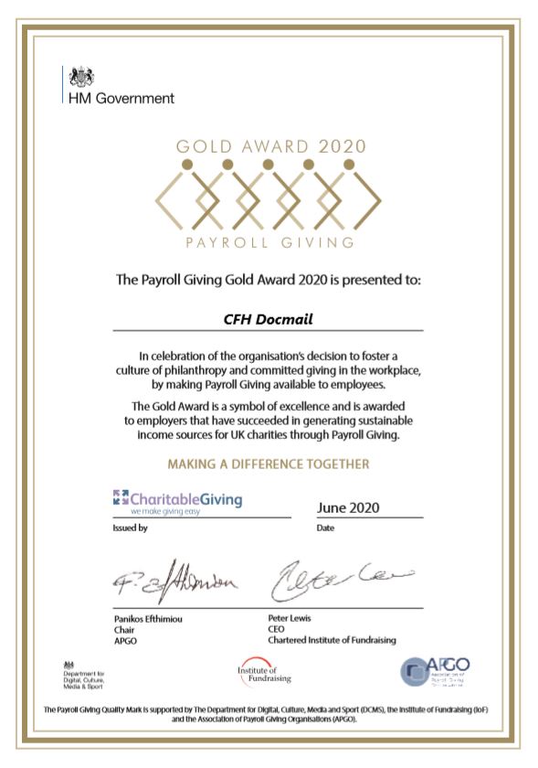 CFH_Docmail's tweet photo. We are delighted to have been awarded the gold standard for our Payroll Giving activities here at CFH Docmail, for the generous donations that our staff make towards their chosen charities.
#payrollgiving #donations #support #charities #CFHdocmail #ThePayrollGivingTeamLtd https://t.co/6cgDYlRrAq