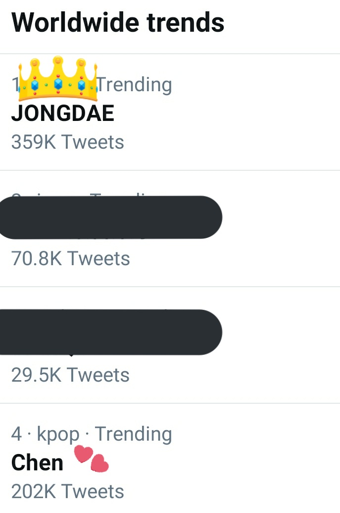 aeridays's tweet photo. Worldwide Trends

1. JONGDAE 
4. CHEN

#종대야노래해줘서고마워 #VocalKingCHEN #CHEN #JONGDAE #첸 #ThankYouJongdae @weareoneEXO https://t.co/fm2VcIxvkH