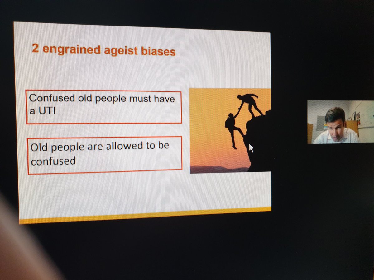 emmabulled's tweet photo. Important messages from @delirious_dr in webinar on #delirium & considerations in #COVID19...'confusion' should not be expected in older people & delirium is distressing #noUTI https://t.co/OyxLgr8SCW
