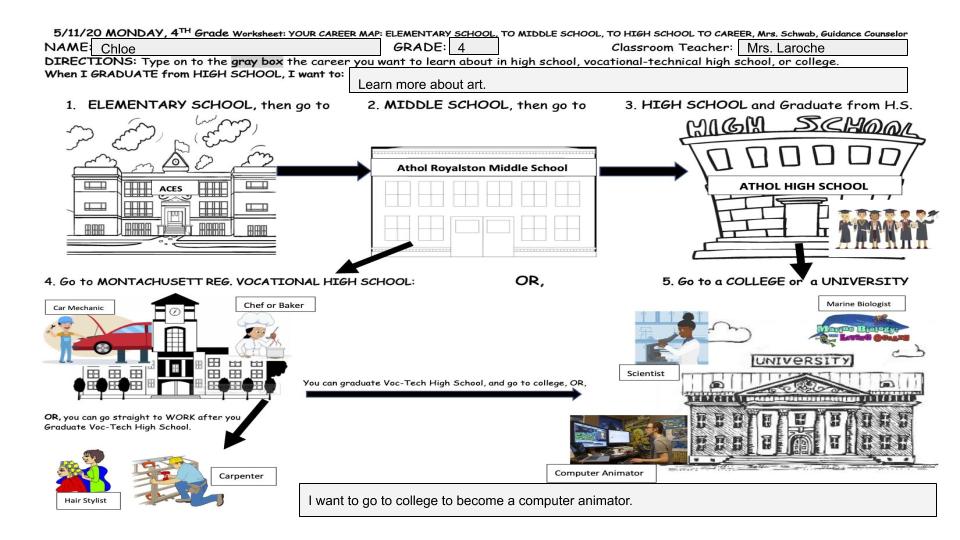 AcesCounselor's tweet photo. An ACES Kindergarten student who would like to be a pilot or police officer, and a 4th grade student who would like to be a computer animator, shared their online learning work for Mrs. Schwab's Guidance Online Learning College to Career lesson on her Google Classroom on 6/19/20. https://t.co/TKKsePSvbH