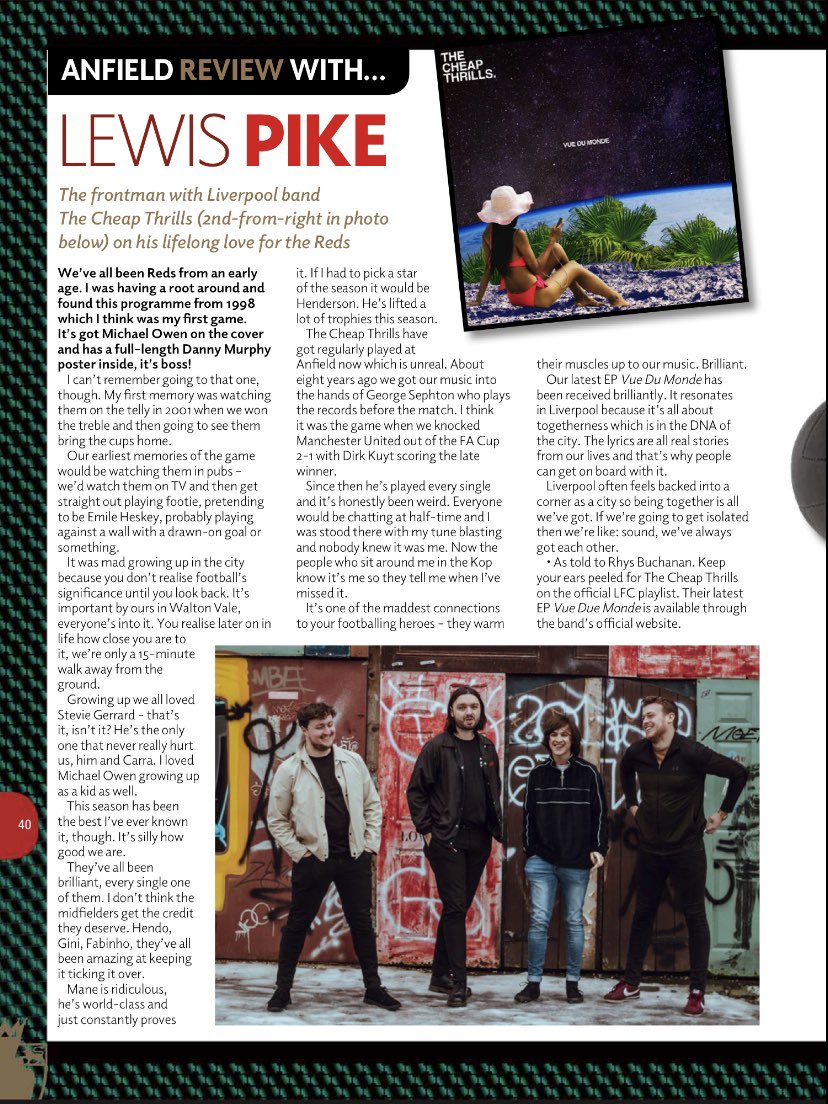 Had a chat with the <a href="/CheapThrillsTCT/">OLD ACCOUNT @THECHEAPTHRILLS</a> for today’s <a href="/LFC/">Liverpool FC</a> matchday programme - available to order now - up the reds! reachsportshop.com/matchday_progr…