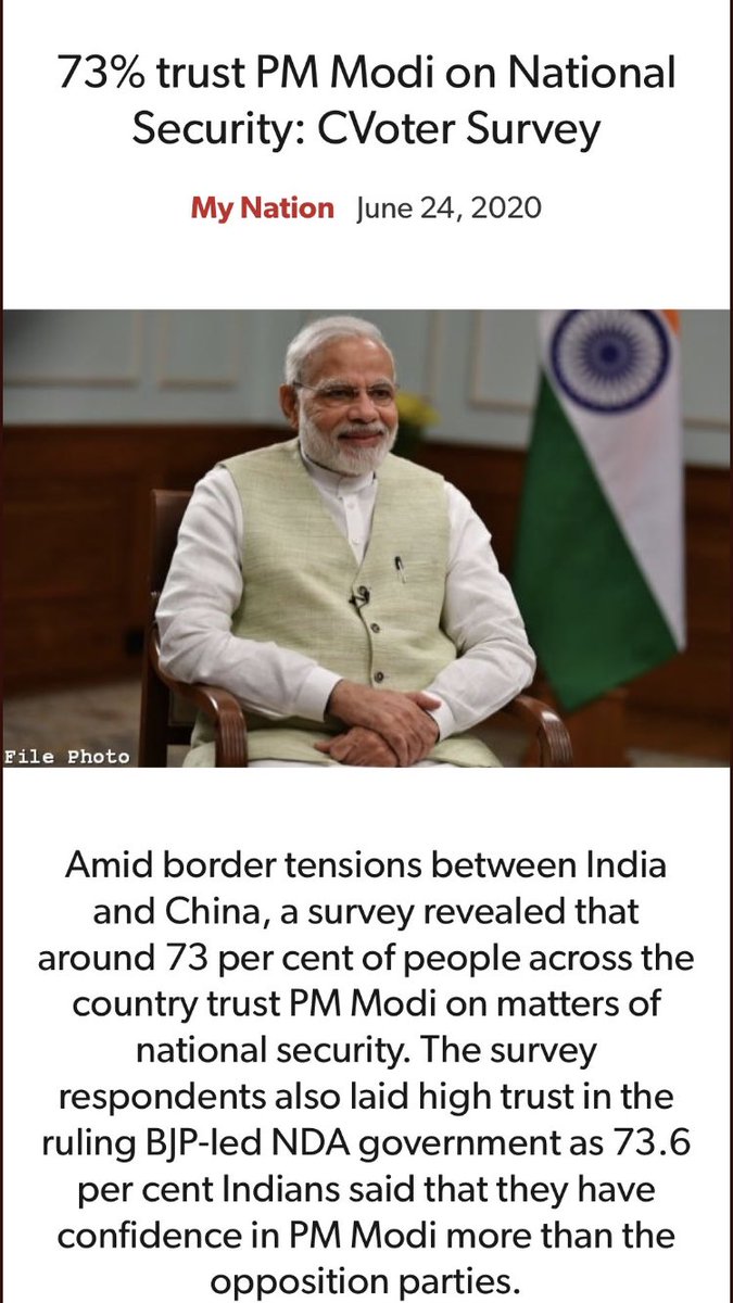 mamtanagpal_'s tweet image. In the aftermath of the Galwan clash, a survey conducted by CVoter shows that -
73% trust PM Modi on National Security 
while 61% showed No Faith in Rahul Gandhi #ModiStrongestPmEver #ModiWonChiniRahulFail #ModiBestPmEver #ModiHaiTohMumkinHai