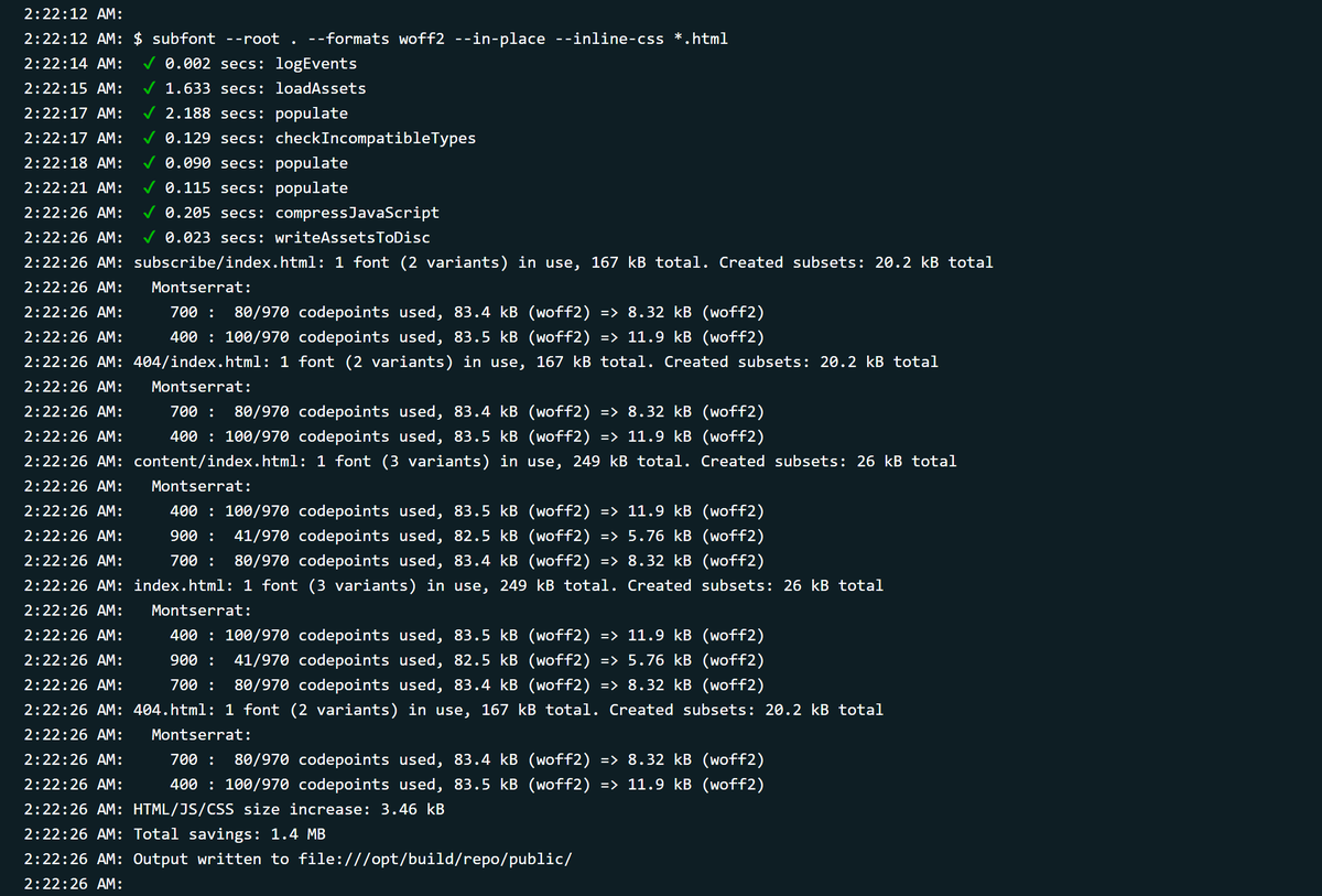 2) Have a static site? Serving fonts from your own server?Subset these fonts to characters that are actually used on your pages. This will help to load fonts faster.You can easily do this at the build time using—  https://www.npmjs.com/package/subfont&nbsp; or—  https://github.com/filamentgroup/glyphhanger