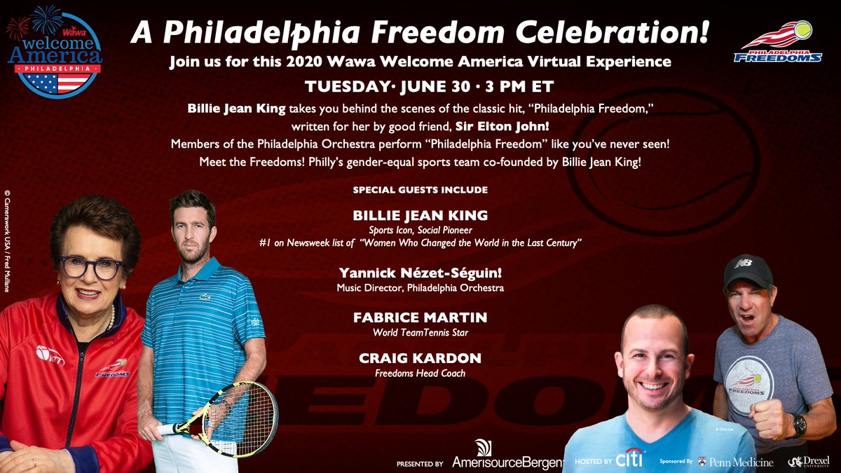 Join <a href="/BillieJeanKing/">Billie Jean King</a>, <a href="/fabmartin86/">Fabrice Martin</a>, <a href="/ckardon/">craig kardon</a> and members of The <a href="/philorch/">The Philadelphia Orchestra</a> on 6/30 at 3pm for "A Philadelphia Freedom Celebration!" The event will include a performance of "Philadelphia Freedom" by members of The Orchestra led by @nezetseguin!

Register ➡️ bit.ly/phlvimeo