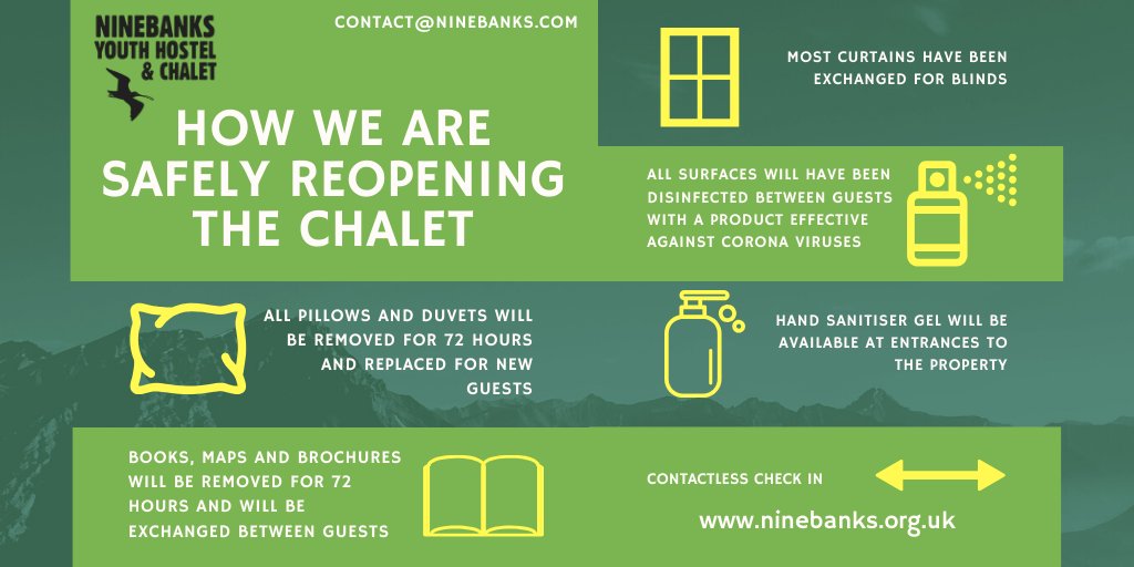 EXCITING NEWS!

We are reopening Ninebanks chalet from the 6th July.

Our primary concern is to keep you all safe while providing the same great experience Ninebanks always offers.

If you have any questions or to book please call 01434 345288 or visit ninebanks.org.uk