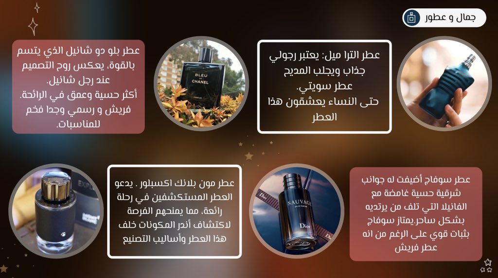 قسم جمال وعطور"

لكل عطر ترتبط به اما قصة او ذكرى جميلة ، فكلما شممت رائحة عطر معينة، أتذكر ذكرى جميلة أو موقف أو حتى شخص ما.

 أفضل عطر.لا يوجد معيار مطلق يمكن تطبيقه بشكل عام كأفضل عطر!
تعرف على القائمة الكاملة هنا:
bit.ly/2B5mJHz

#رابطة_عشاق_العطور