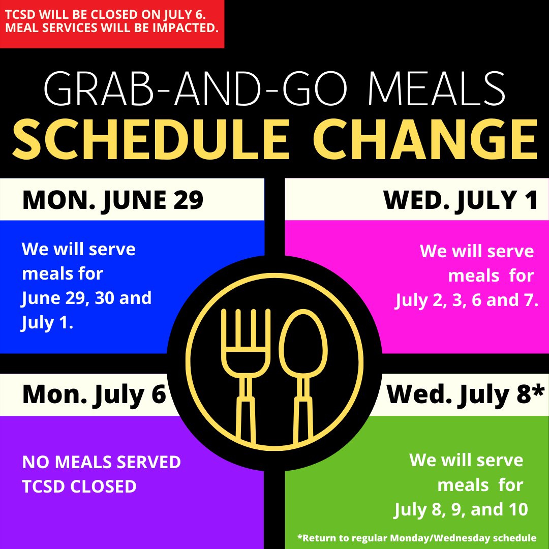 We will be closed July 6 which will impact our grab-and-go meal services for the next two weeks. 

Mon, 6/29, we will be serving meals for 6/29, 6/30 and 7/1. On 7/1, we will be serving meals for 7/2, 7/3, 7/6 and 7/7. No meal services on 7/6. Wed, 7/8 return to normal schedule.