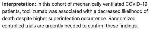 AliRaja_MD's tweet photo. #Tocilizumab for Treatment of #MechanicallyVentilated Patients w/ #COVID-19
Emily C Somers, MD. et al. @umichmedicine
https://t.co/U7Si4uYmB8
#Superinfections #RespFailure https://t.co/zho6HOxrOP