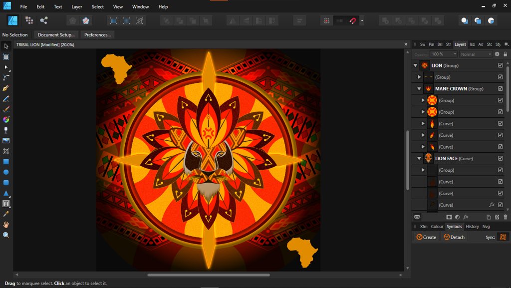 SimonFX_'s tweet photo. An Artpiece I made, to represent tribal African Art. I made it for the #100commissions campaign Affinity had to support freelance designers, it wasn’t successful but I loved making it, and I love this piece, will make improvements on it #madeinaffinity #affinitydesigner https://t.co/y2gHSTCj42