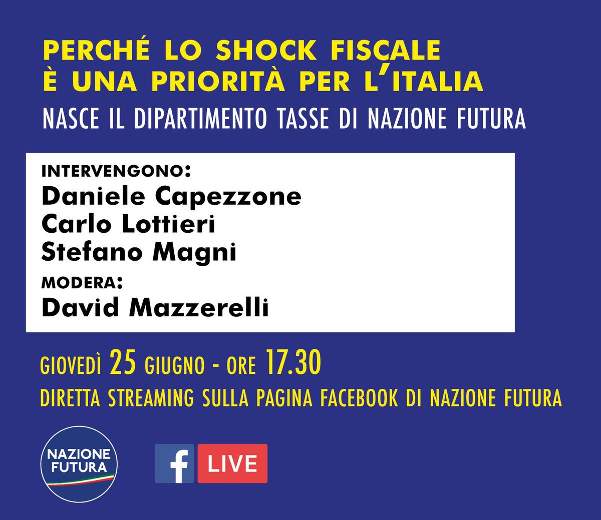 Domani con una diretta su pagina Facebook <a href="/nazione_futura/">Nazione Futura Rivista</a> inauguriamo dipartimento tasse diretto da <a href="/stefanomagni76/">Stefano Magni</a> saranno ospiti <a href="/Capezzone/">Daniele Capezzone</a> Carlo Lottieri, modera <a href="/DavidMazzerelli/">David Mazzerelli</a> ⤵️