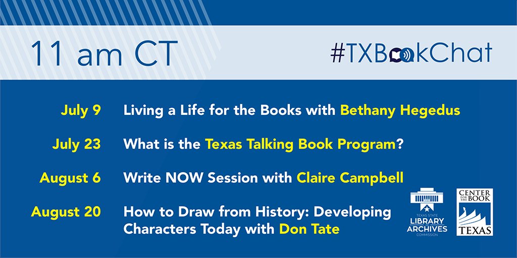 The #TXCenterForTheBook is launching the #TXBookChat virtual series!

Our first four events feature @BethanyHegedus of @TheWritingBarn, the Texas Talking Book Program (TBP), @campbell_claire, and @Devas_T!

Learn more and RSVP at tsl.texas.gov/txbookchat. 

#ReadYall