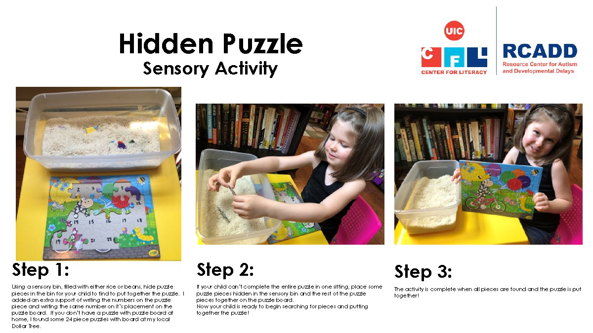 RCADDChicago's tweet photo. This at home activity: puzzle pieces hidden in a sensory bin.  
For full instructions and more activities like this one, visit our site! https://t.co/h8IScZKnb5
#SpecialEducation #StructuredTeaching #RemoteLearning https://t.co/Xk9cRIoo4N