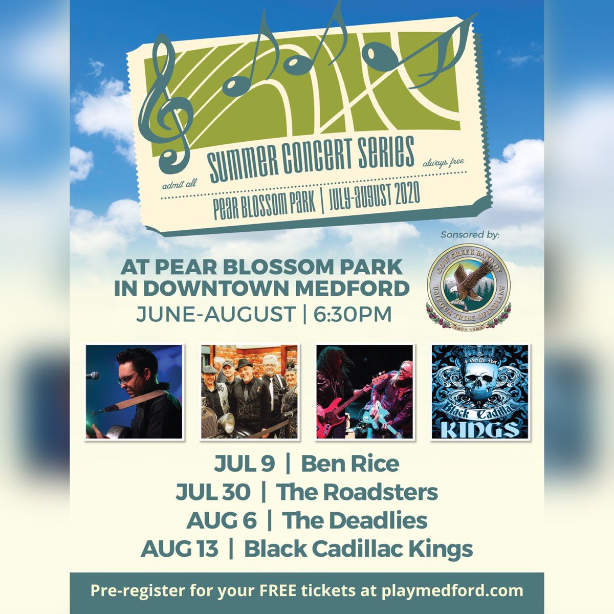 EXCITING NEWS!
We’re delighted to announce the 2020 Summer Concerts in The Park Series! Pre-register for your FREE tickets at playmedford.com

PLEASE NOTE
Due to social distancing there will be a limited number of tickets issued for these concerts so pre-register today!