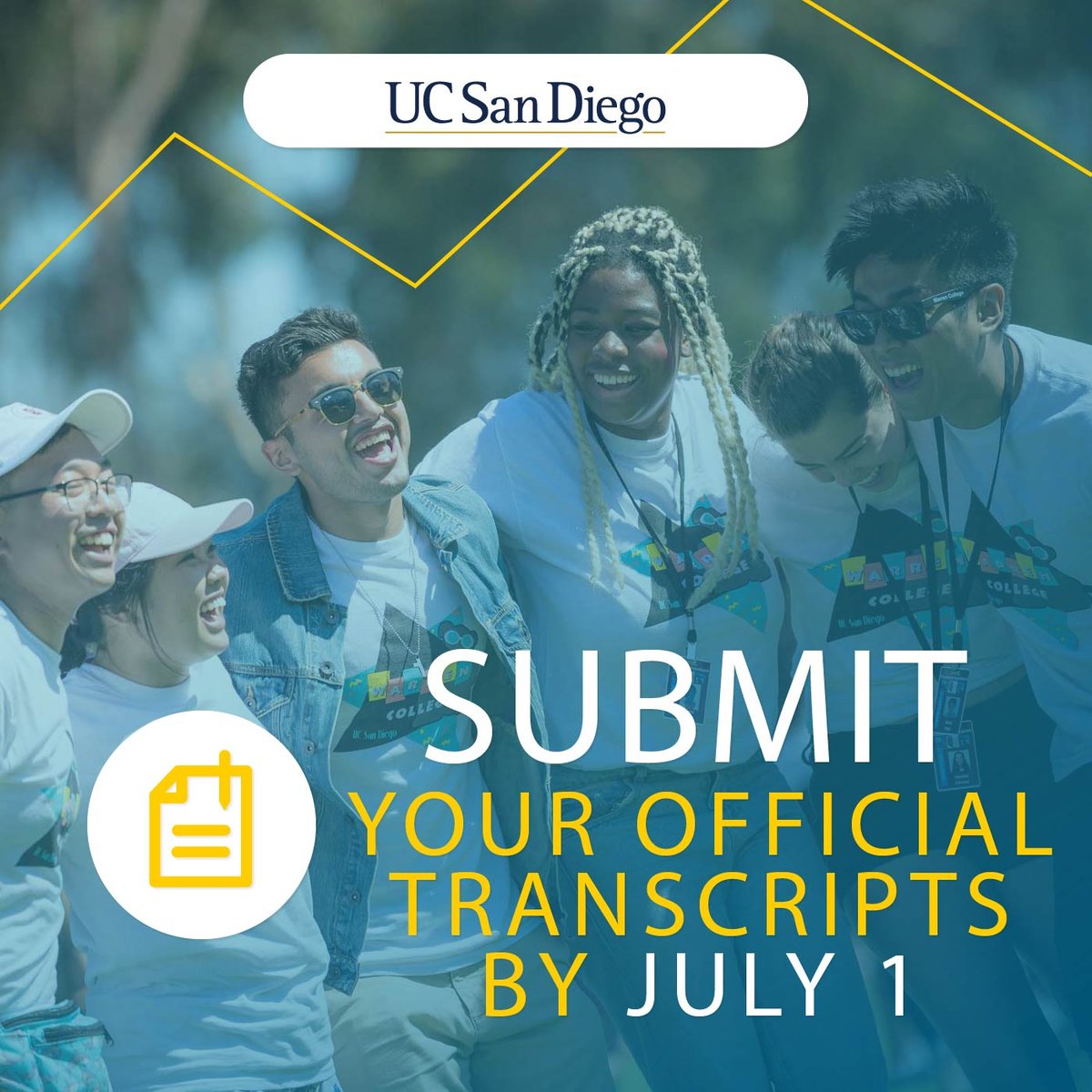 UCSDAdmissions's tweet photo. Incoming students - If you haven't already, request your official transcripts be sent to the UC San Diego Office of Admissions by July 1.
If you're having trouble requesting your transcripts, please let us know at aes-messages@ucsd.edu.
#UCSDBound #FutureTriton #UCSanDiego https://t.co/yTW2TWE1FB