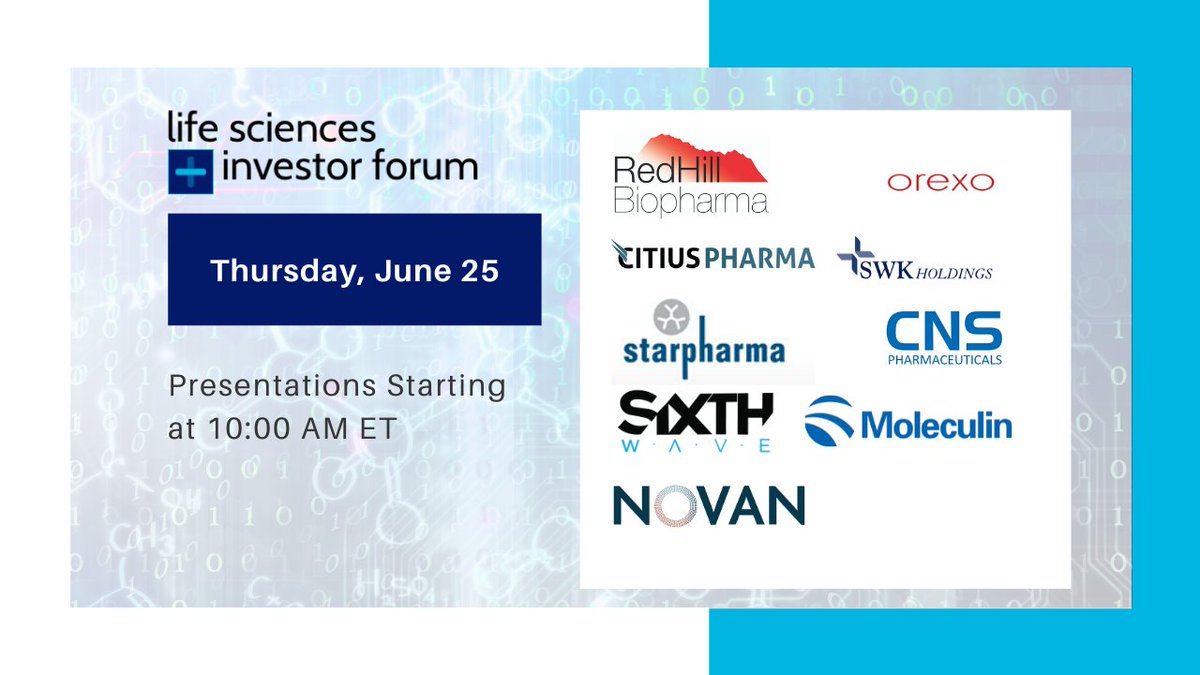 LifeSciForum's tweet photo. Join us for tomorrow's Life Sciences Virtual Investor Forum w @IntradoDigital Featuring presentations from @RedHillBio @OrexoABpubl @CitiusPharma SWK Holdings, Inc @Starpharma_ASX @cns_pharma @SixthWaveNano @moleculinbio @Novan_Biotech Register to attend: https://t.co/6hM3IQq6NN https://t.co/KoLMmzsNiC
