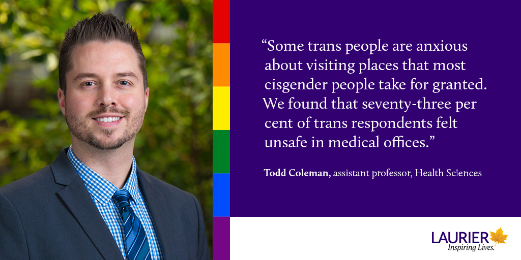 Laurier's tweet photo. Todd Coleman is examining the discrimination that trans people face in #WaterlooRegion. He is one of 12 Laurier researchers we are celebrating during #PrideMonth who are studying issues that affect LGBTQ2S+ communities. Read his story: https://t.co/f3EVzBC47k | @LaurierResearch https://t.co/PZxRdmAtzj