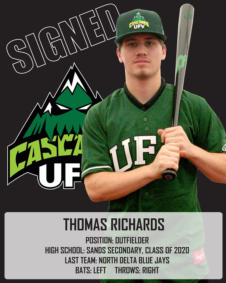 UFV Cascades Baseball (CCBC) (@ufvbaseball) on Twitter photo The UFV Cascades baseball team is proud to announce the commitment of <a href="/sandsathletics/">Sands Athletics</a> grad Thomas Richards. Welcome to our family! We can't wait to see Thomas in action.
<a href="/CCBaseballConf/">Canadian College Baseball Conference (CCBC)</a> #gocascades The UFV Cascades baseball team is proud to announce the commitment of <a href="/sandsathletics/">Sands Athletics</a> grad Thomas Richards. Welcome to our family! We can't wait to see Thomas in action.
<a href="/CCBaseballConf/">Canadian College Baseball Conference (CCBC)</a> #gocascades