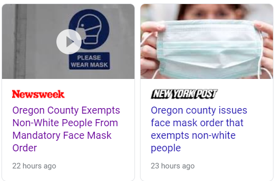 Hey! National news! An Oregon county is not "mandating masks, but only for white people." Stop. That is not the headline. That is not correct, and it's irresponsible, and race-baiting and dogwhistling. Say WHY the county is allowing exemptions.