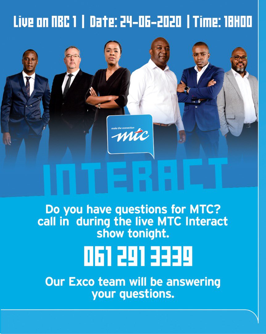 MTCNamibia's tweet photo. Get your questions ready & tune in tonight from 18h00.
#ASKMTC #MTCInteract https://t.co/Q6OuwKUrwA