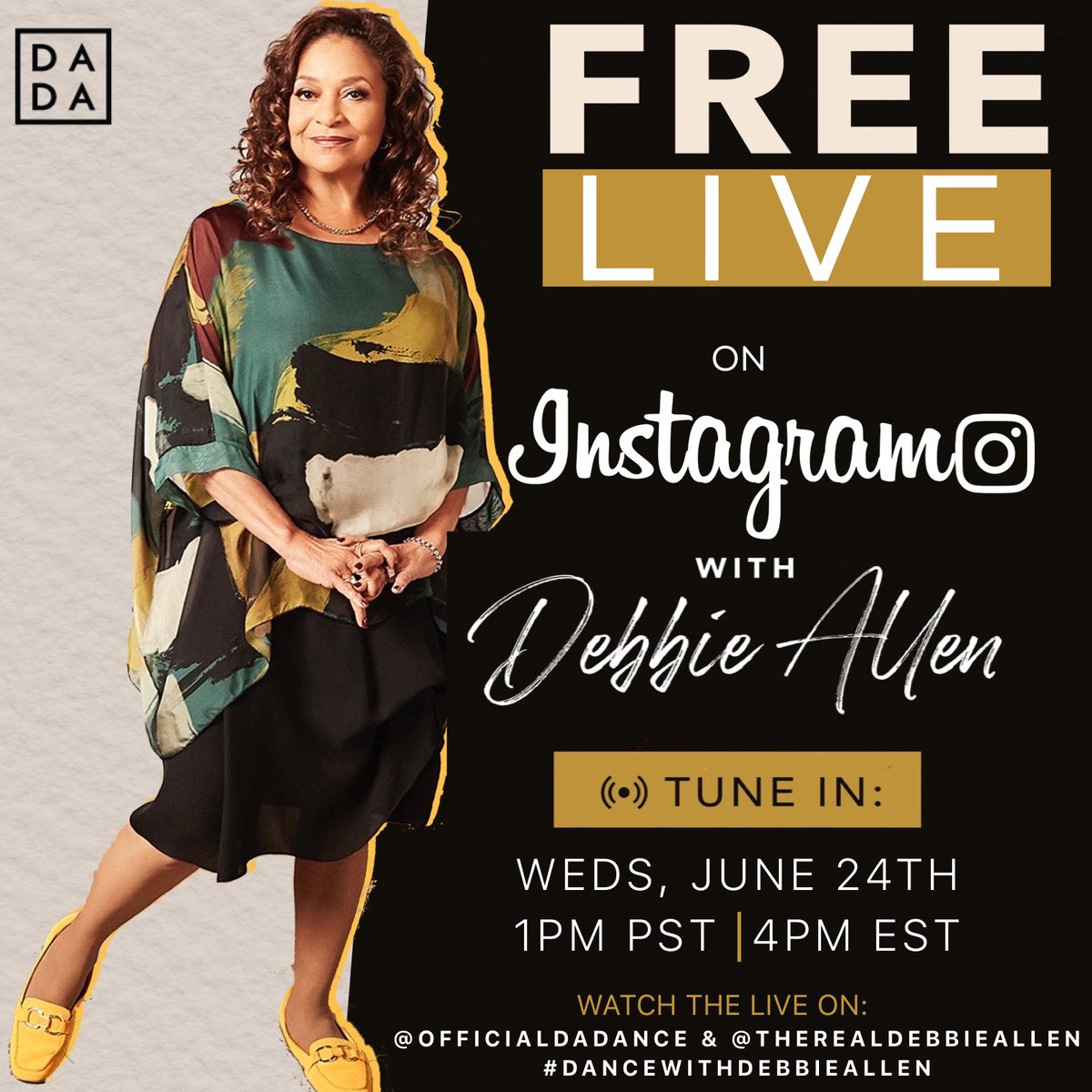 OfficialDADance's tweet photo. It’s time to #DanceWithDebbieAllen on Instagram! ✨TODAY we’re getting moving on @OfficialDADance and @msdebbieallen’s IG pages at 1PM PST | 4PM EST! https://t.co/rcizcvNncQ