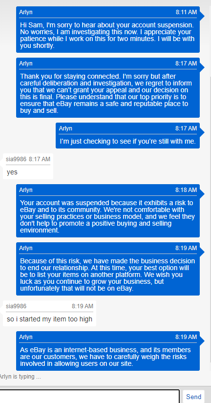 KirklandSam's tweet photo. So signed up for an https://t.co/thw569XIb1 account and was quickly terminated minutes later, here is the chat that happened. 
Guess I'm banded from https://t.co/thw569XIb1 for an unknown reason. 
If your looking to understand unacceptable customer service look no further https://t.co/Nq2Sz2G5Kp