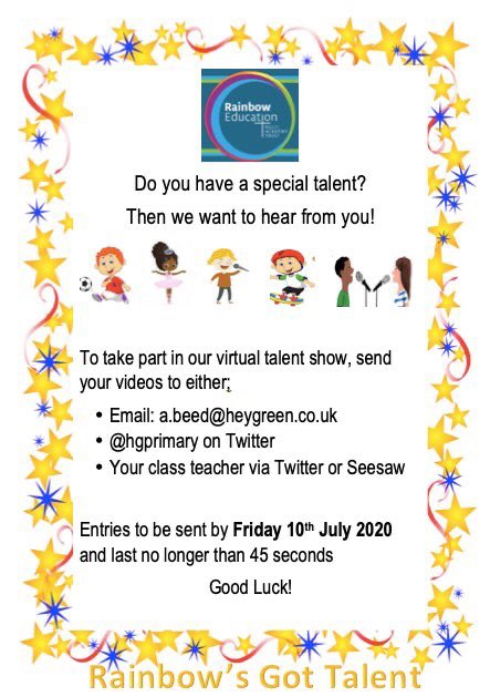 MissHarrisHGP's tweet photo. Heygreen’s Got Talent!
Come and show us your special talent! 
Super excited to see you all 
@hgprimary #HeygreensGotTalent https://t.co/jmEoYk4Ei4