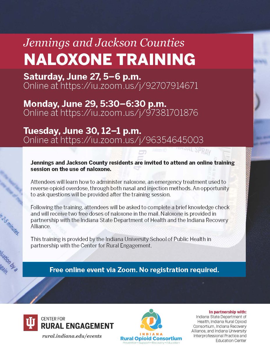 IndianaRHA's tweet photo. Our InROC partners at the IU Center for Rural Engagement are providing online Naxolone training on June 27, 29, and 30. Links to attend are listed here: https://t.co/3GMDPaQ1oo
#IRHA #grantwork #substanceuse #naxolone #ruralhealth #training #opioids #education #InROC https://t.co/xmq66yfmFG